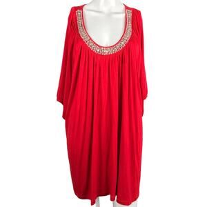 Avenue Shirt Womens Sz 22 24 Red Stretch Knit‎ Beaded Rhinestone Neckline Tunic